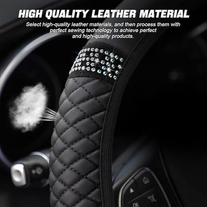 Bling Soft Leather Steering Wheel Cover, 15 Inch Colorful Rhinestones Auto Elastic Steering Wheel Protector, Sparkly Crystal Diamond for Women Girls, Car Accessories for Most Cars (Black)