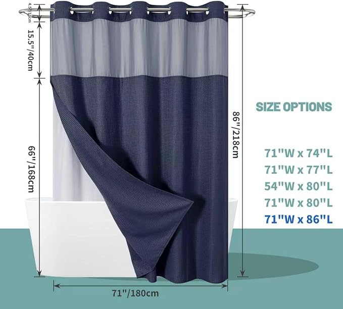 eachope Navy Extra Long No Hook Waffle Weave Shower Curtain with snap-in Liner Replacement, 230GSM Waterproof Fabric Hotel Shower Curtain Set for Bathroom, Through Mesh Top Window,71Wx86H