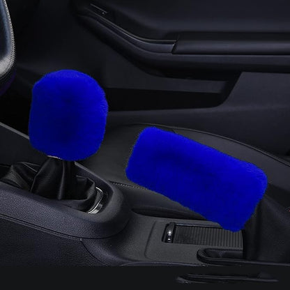 1 Set 6 Pcs Fluffy Car Steering Wheel Cover & Seat Belt Shoulder Pads & Handbrake Cover & Gear Shift Cover Set & Seat Belt Shoulder Pads Faux Wool Universal Fit Car Interior Accessories (Blue)