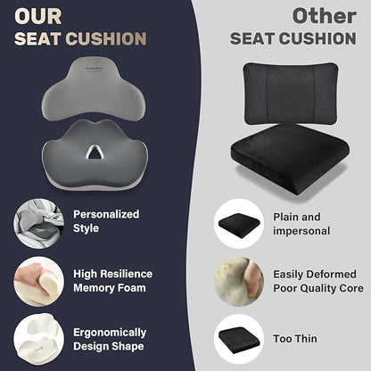Coverado Seat Cushion and Lumbar Support Pillow for Car Office Chair, Ergonomic Memory Foam Desk Chair Cushion Back Support Pillow, Sciatica & Back & Tailbone Pain Relief Cushion-Black&Gray