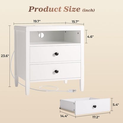Huuger White Nightstand Set of 2, Night Stand with Charger Station, Bedside Table with 2 Drawers, Bed Side Tables for Bedroom, Modern Nightstands, Metal Knobs, Painted Surface