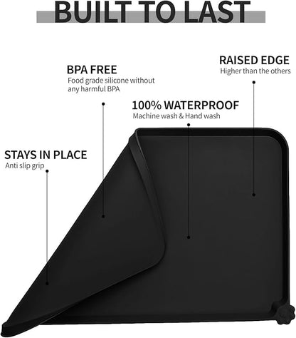 Reopet Waterproof Pet Feeding Mat with High Raised Edges, Heavier and Thicker Placemats for Cat Dog Water Bowl with BPA Free, Dogs Cats Food Mats for Messy Drinkers to Prevent Spill and Protect Floors