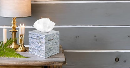 PEMAR Handcrafted Wooden Tissue Box Cover for Small Cube Tissue Boxes Only (Max Inner Size 4.7”) – Mother of Pearl Inlay Decorative Tissue Holder for Bathroom, Living Room & Office (Blue)