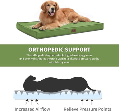 Tail Stories Outdoor Large Washable Dog Bed, Orthopedic Egg Crate Foam Dog Crate Mat for Large Dogs with Removable Oxford Cooling Cover, Light Green