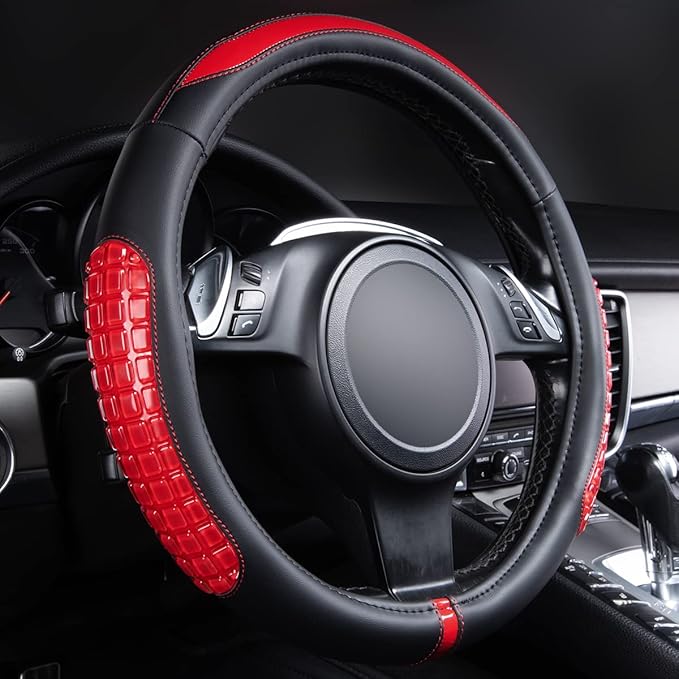 Flying Banner car Steering Wheel Cover Gel Massage Velvet Cool Warm Universal Size 15 inches SUV Truck Anti Slip Odorless Summer Winter (Black Red, Gel Massage)