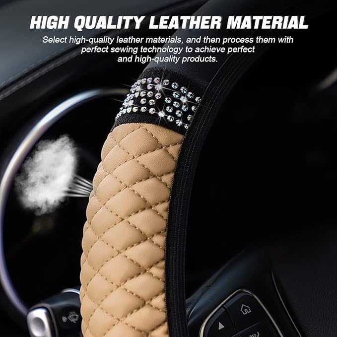 Leather Car Steering Wheel Cover, 15 Inch Colorful Rhinestones Elastic Auto Steering Wheel Protector, Bling Steering Wheel Cover for Women Men, Car Accessories for Cars, Vehicles, SUVs (Beige)