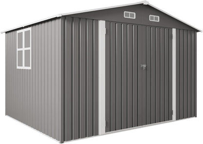 Metal Storage Shed, 10 X 8 FT Lockable Outdoor Tool Shed with Air Vent and Clear Windows, Galvanized Steel Garden Shed for Backyard, Patio, Garden, Bike Storage or Outdoor Use, Grey