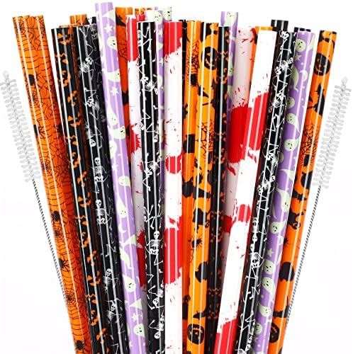 JANYUN 30 Pcs Halloween Straws 9inch Pumpkin Bat Skeleton Spider Printing