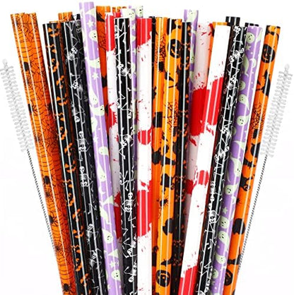 JANYUN 30 Pcs Halloween Straws 9inch Pumpkin Bat Skeleton Spider Printing
