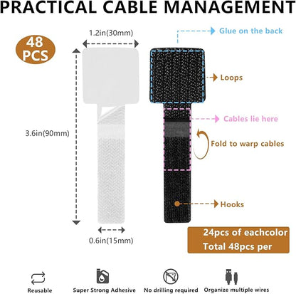 48Pcs Upgraded Under Desk Cable Ties - Self Adhesive Sticky Back Hook and Loop Straps, Wire Cord Management Organizers for Home Office