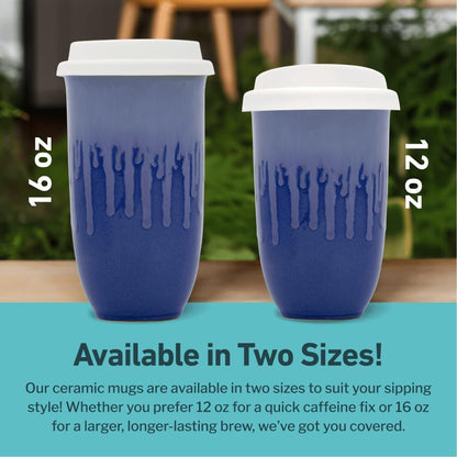NOVA CERAMICS Ceramic Tumbler– Blue Ceramic Mug – Microwave & Dishwasher Safe Coffee White & Orange Tumbler - Leak-Proof Coffee Travel Mug – 16oz – Neptune