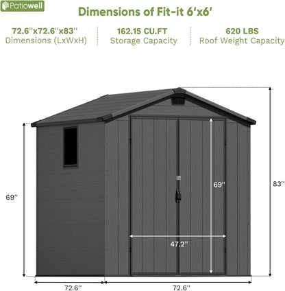 Patiowell 6X6 FT Plastic Outdoor Storage Shed with Floor, Resin Outside Tool Shed with Window and Lockable Door for Garden, Backyard, Tool Storage Usage, Easy to Install, Dark Grey