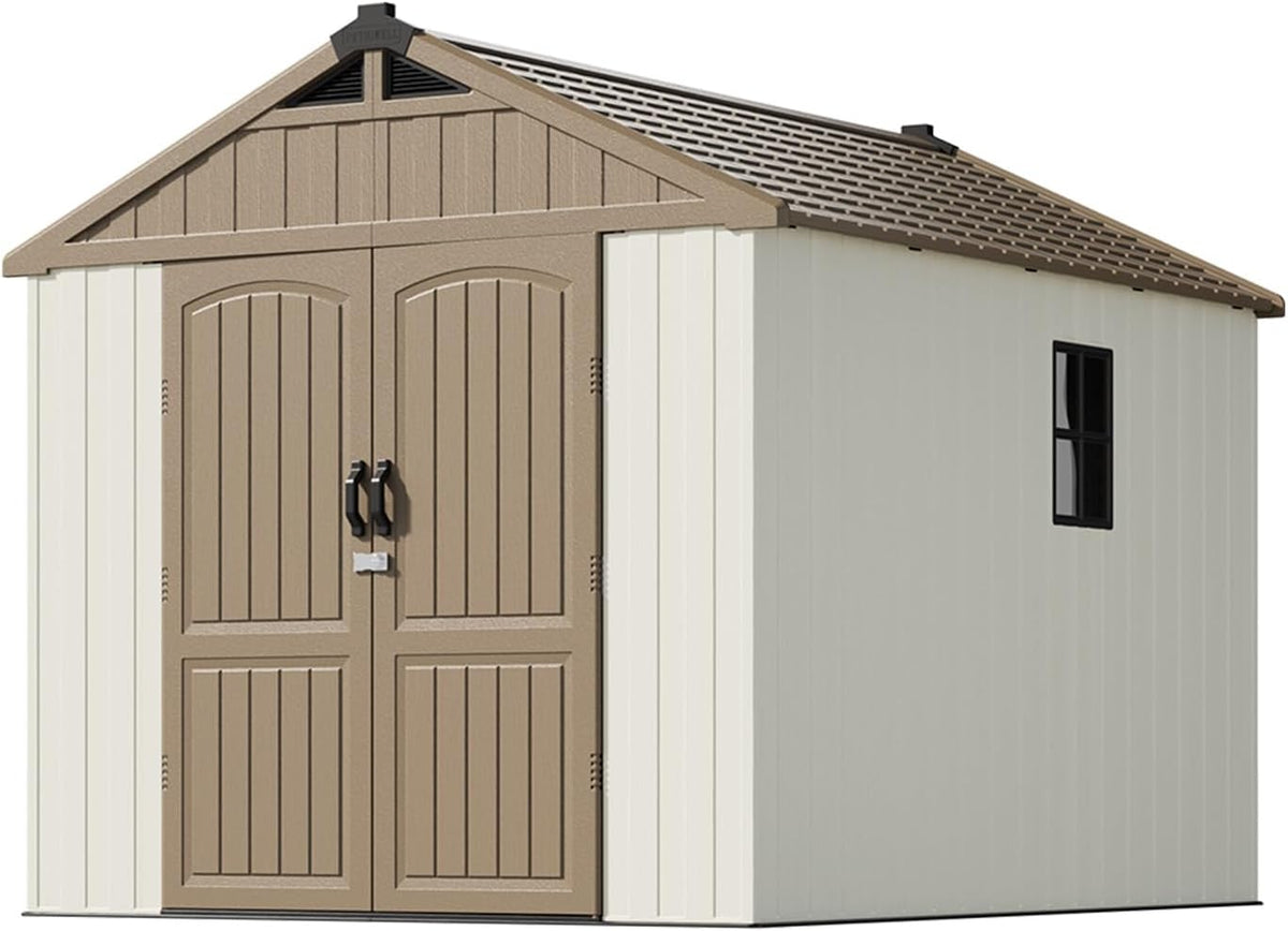 Patiowell 8 x 10 FT Resin Outdoor Storage Shed with Floor, Plastic Shed with Window and Lockable Door for Garden, Backyard, Tool Storage Use, Easy to Install in Brown (Kick-it Shed)
