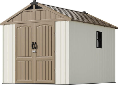 Patiowell 8 x 10 FT Resin Outdoor Storage Shed with Floor, Plastic Shed with Window and Lockable Door for Garden, Backyard, Tool Storage Use, Easy to Install in Brown (Kick-it Shed)