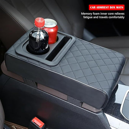 Car Center Console Armrest Pillow with Cup Holder, Leather Middle Console Protection Cushion with Phone Holder, Memory Foam Auto Arm Rest Box Cover, Universal Vehicle Accessories (Textures)