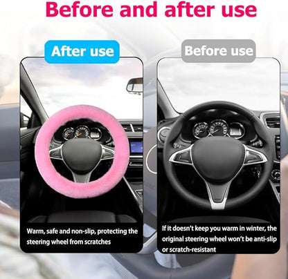 Fluffy Steering Wheel Cover, Winter Warm, Suitable for Most Car Steering Wheels in The 14-15 Inch Range (Pink, 1PCS)