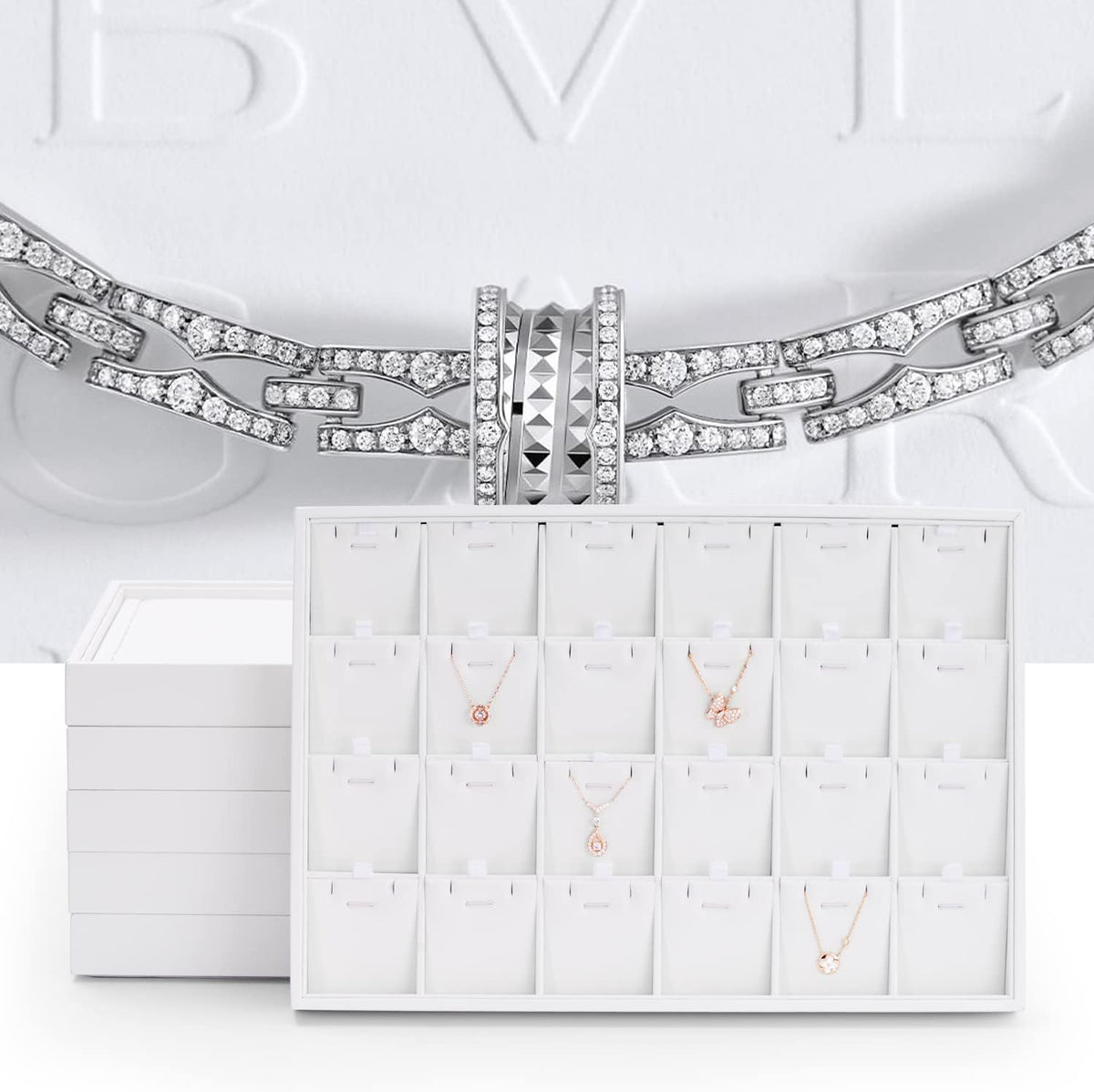 White Jewelry Display Organizer Tray Stackable Premium PU Leather 24 Grid Trinket Earring Ring Organizer Tray