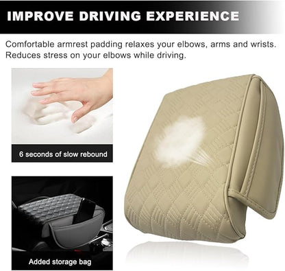 Car Center Console Cover, 12.6"×8.7" Waterproof Leather Auto Armrest Box Protector Elbow Pillow with Storage Pocket, Comfortable Memory Foam Arm Rest Box Cushion Pad, Car Accessories (Beige)