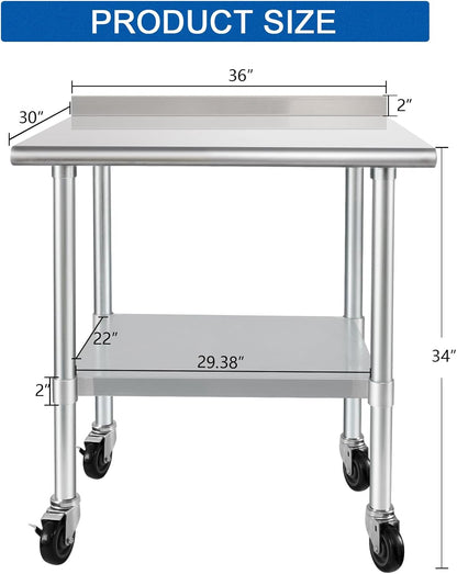 HARDURA Stainless Steel Table 30 x 36 Inches with Wheels Casters NSF Heavy Duty Commercial Prep Table with 2” Backsplash and Adjustable Undershelf for Restaurant Kitchen Home and Hotel
