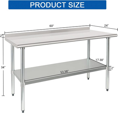 HARDURA Stainless Steel Table Prep & Work Table 24 x 60 Inches NSF Heavy Duty Commercial with Undershelf and Backsplash for Restaurant Kitchen Home and Hotel