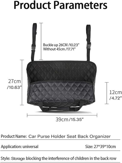 Car Purse Holder - Durable Leather Seat Back Organizer, Front Seat Storage Barrier, Pet & Kids Driver Storage Netting Pouch