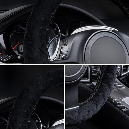 Flying Banner car Steering Wheel Cover Soft Velvet Warm Universal Size 15 inches SUV Truck Anti Slip Odorless Summer Winter (Black, Velvet Massage)
