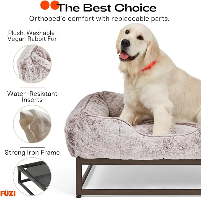 FUZI Elevated Dog Bed Small, Luxury Raised Dog Beds, Removable and Machine Washable Bed Cover, Indoor/Outdoor Orthopedic Pet Bed, Small 25.1x16.75x18 Soft White & Dark Brown Base