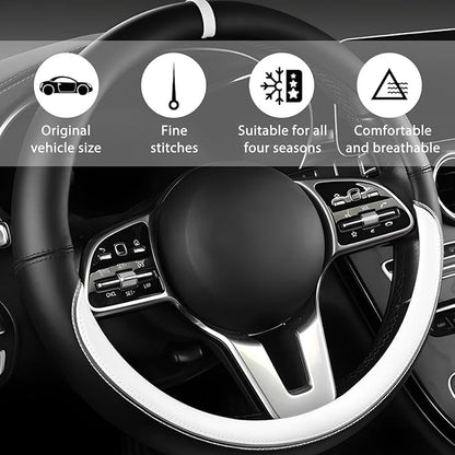 Car Steering Wheel Cover, 15 Inch Leather Anti-Slip Breathable Vehicle Steering Wheel Protector, Automotive Interior Protection Accessories, Universal for SUV Sedan Truck (Black/White)
