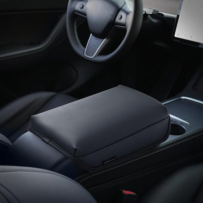 KMMOTORS Model Y, Model 3 Center Console Cover Basic Black, Armrest Cushion, Console Protector, Vegan Leather, Model 3(2020-2024) Accessories, Accessories for Model Y