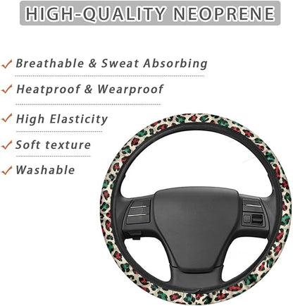 Universal Non-Slip Steering Wheel Cover, 15-inch Polyester Material Driving Accessories, Adjustable for Car and Truck(Artistic Red Green Leopard)