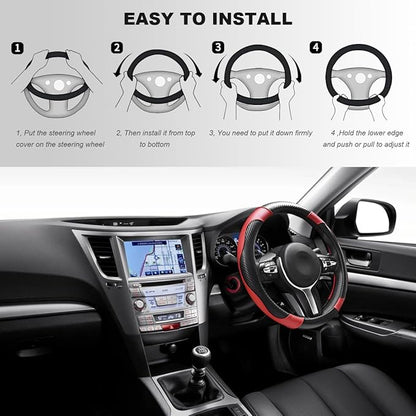 Car Steering Wheel Cover, 15 Inch Carbon Fiber Elastic Vehicle Steering Wheel Protector, Breathable Leather Auto Wheel Covers for Women Men, Interior Car Accessories (Black & Red)
