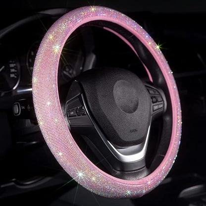Pink Bling Steering Wheel Cover for Women Sparkly Rhinestone Bedazzled Car Accessories Diamond Cute
