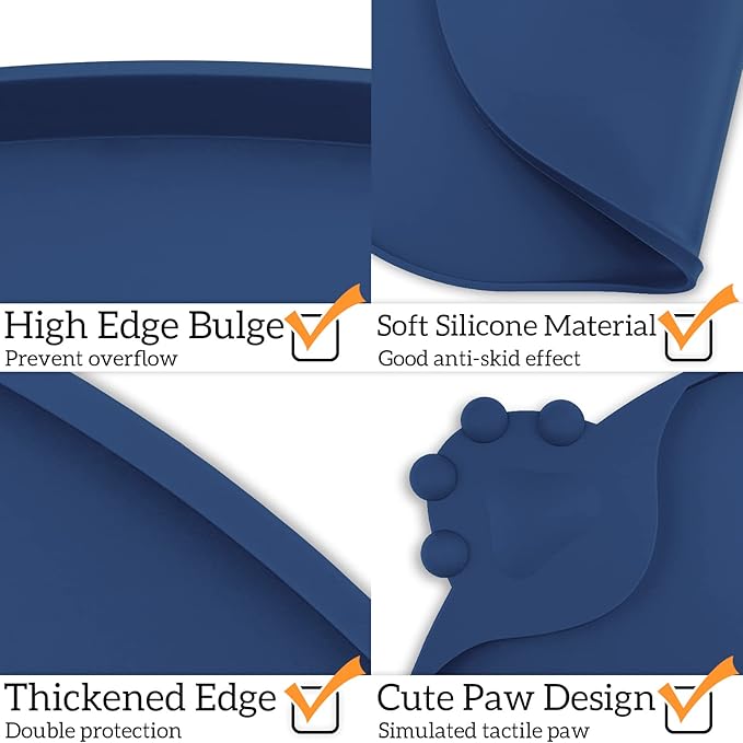 KPWACD Pet Placemat for Dog and Cat, Waterproof Silicone Dogs Feeding Bowl Mat Prevent Food and Water Overflow, High-Lips Puppy Dish Mats Suitable for Small Medium Big Pets, Navy, 24" * 16"