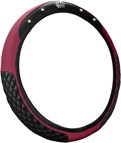 Bling Car Steering Wheel Cover, Diamond Leather Crystal Rhinestones Vehicles Steering Wheel Protector, Sparkling Anti-Slip Automotive Interior Decoration Accessories, Universal Fit (Wine Red)