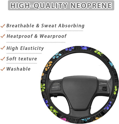 AFPANQZ Puppy Paw Prints Car Steering Wheel Covers Sweat Absorption Comfortable Grip Universal 14-15 inch Stretch-on Fabric Keep Warm Steering Wheel Protector for Women Gift Black Colored