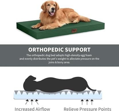 Tail Stories Outdoor Extra Large Dog Bed, Waterproof Dog Bed for Large Dogs, Orthopedic Egg Crate Foam Pet Bed with Washable Removable Oxford Cooling Cover, 44x32 Inch, Dark Green