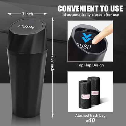 Car Trash Can Bin with Lid - 2 Packs Car Garbage Can with 40pcs Trash Bags for Cup Holder - Black Leakproof Mini Car Trash Bin for SUV Truck - Small Car Organizers and Storage for Door Front Back Seat