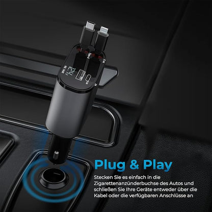 AutoSky 4-in-1 Retractable Fast Charger, for Cars: 100W Car USB-C & iPhone Cable, USB-C/A Ports - Compatible with iPhone, Galaxy, Pixel and More.