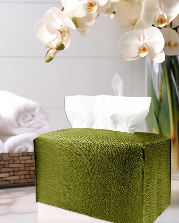 JESMINI Green Rectangular Tissue Box Cover - Plus Size Large, Faux Leather, Minimalist Style, 9.5x5x5 Inches
