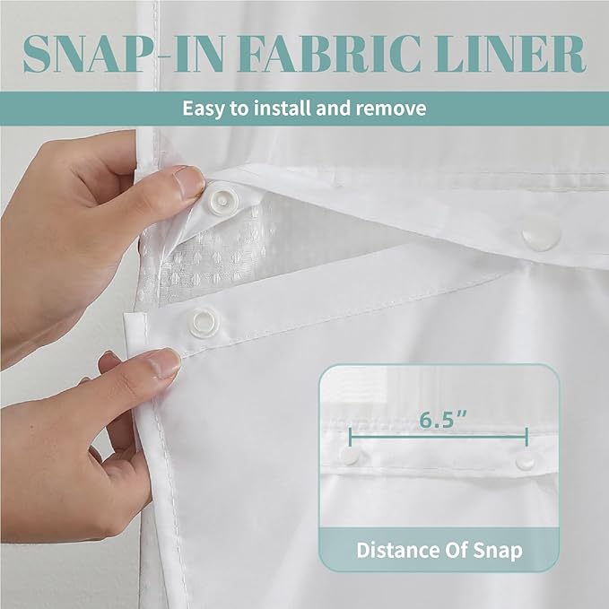 eachope White No Hook Waffle Weave Shower Curtain with snap-in Liner Replacement, 230GSM Waterproof Fabric Hotel Shower Curtain Set for Bathroom, Through Mesh Top Window,71Wx82H