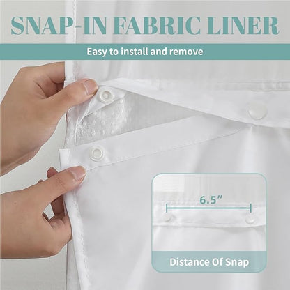 eachope White No Hook Waffle Weave Shower Curtain with snap-in Liner Replacement, 230GSM Waterproof Fabric Hotel Shower Curtain Set for Bathroom, Through Mesh Top Window,71Wx82H