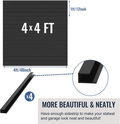 Slatwall Panel Garage Organizer PVC Slatwall Heavy Duty Wall Mounted Rack, Interlocking Slat Wall Panels for Tool Organization Peg Board(Black 4 x 4 ft)