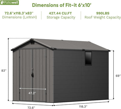 Patiowell 6x10FT Outdoor Storage Shed with Floor, Plastic Resin Garden Shed with Lockable Door, Windows, Weather-Resistant for Lawn Mower, Tool & Backyard Storage (Dark Grey)