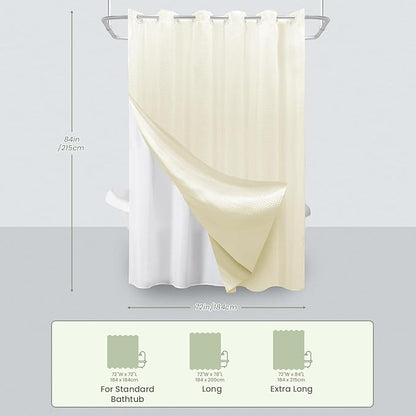Inhousolu No Hook Waffle Weave Shower Curtain with Removable Snap in Fabric Liner Set for Bathroom, 230 GSM Heavy Duty Weighted Hem, Water Repellent Washable Bath Curtains, 72 x 84 Inch, Ivory