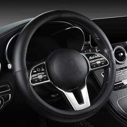 Morandi Color Steering Wheel Cover, Nappa Leather, Fashionable Sporty Style, Universal 15 inches，Black