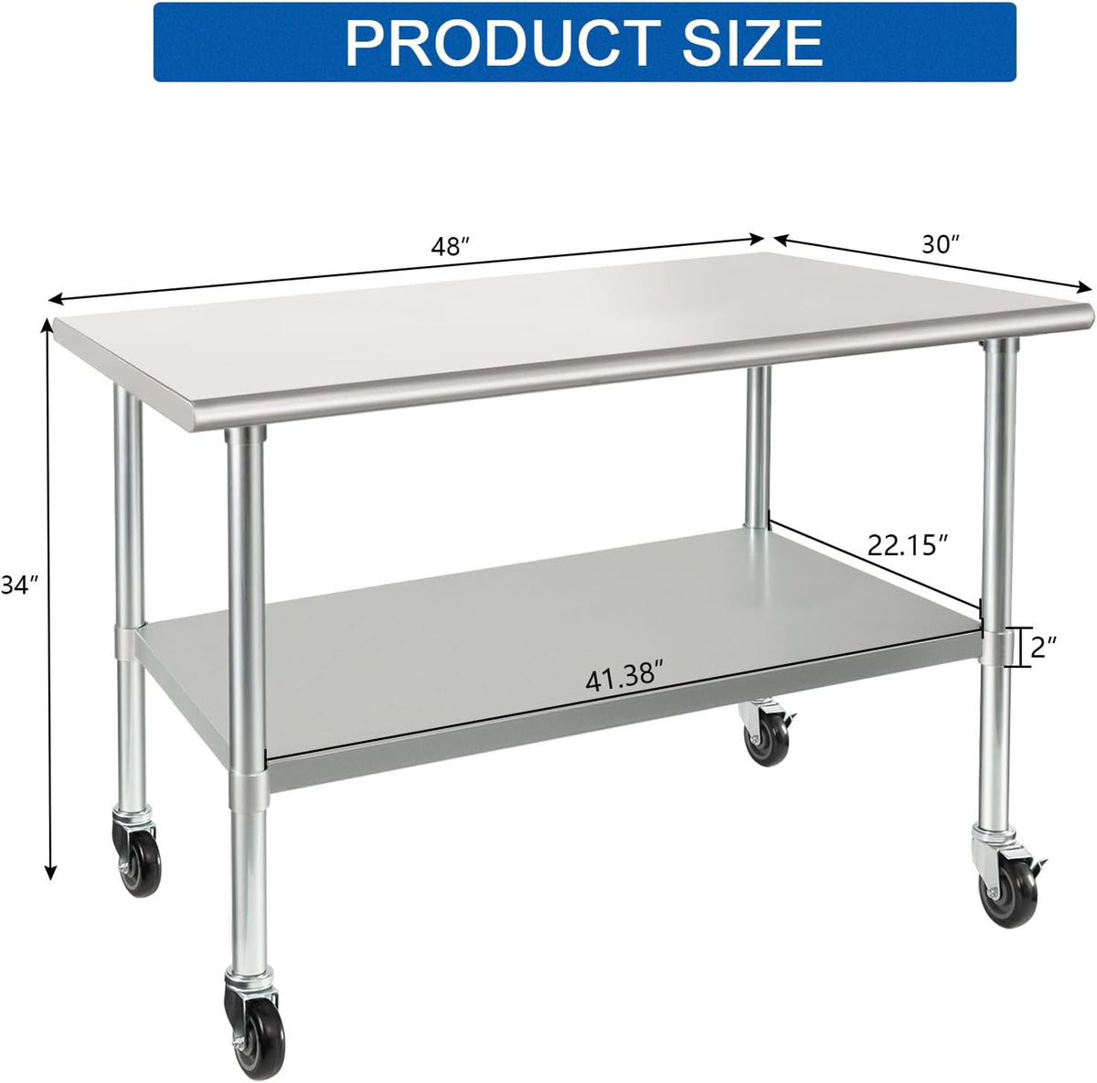 HARDURA Stainless Steel Table with Wheels 30 x 48 Inches Casters NSF Heavy Duty Commercial Work & Prep Table with Undershelf and Galvanized Legs for Restaurant Kitchen Bar and Hotel Garage