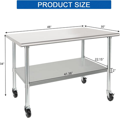 HARDURA Stainless Steel Table with Wheels 30 x 48 Inches Casters NSF Heavy Duty Commercial Work & Prep Table with Undershelf and Galvanized Legs for Restaurant Kitchen Bar and Hotel Garage