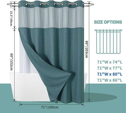 eachope SeawedGreen Long No Hook Waffle Weave Shower Curtain with snap-in Liner Replacement, 230GSM Waterproof Fabric Hotel Shower Curtain Set for Bathroom, Through Mesh Top Window,71Wx80H