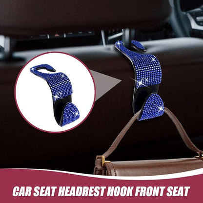 2 Pack Car Seat Headrest Hook, Bling Car Hooks Front Seat, Back Seat Organizer Hanger Storage Hook Car Purse Hook for Bags, Clothes, Coats, Grocery Bags (Blue)