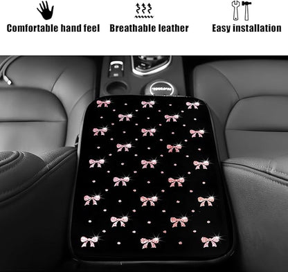 Car Center Console Cover, Waterproof Leather Bow Ribbon Vehicle Arm Rest Pad, Comfortable Automotive Interior Seat Box Armrest Protection Cushion Accessories, Universal Fit (Pink)